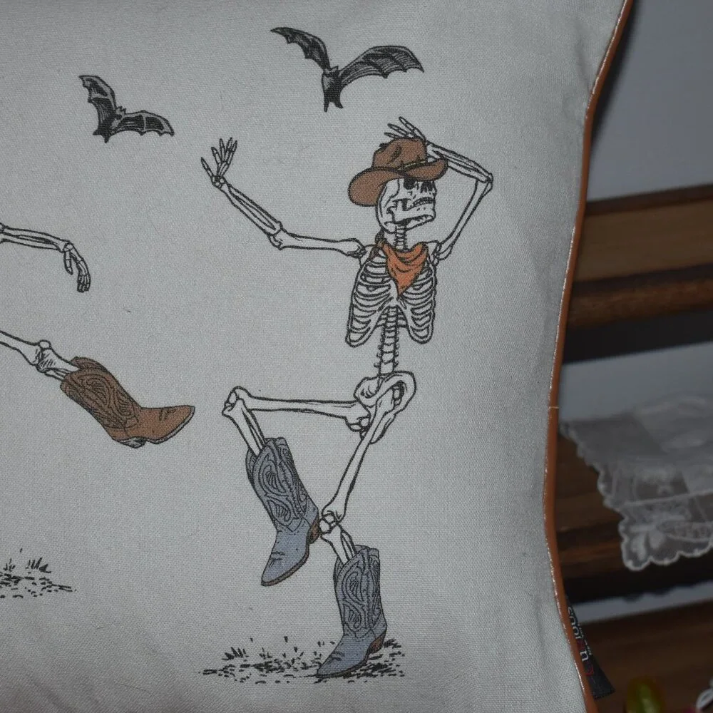 Cynthia Rowley Western Country Farmhouse Cowboy Skeleton Bats Halloween Pillow